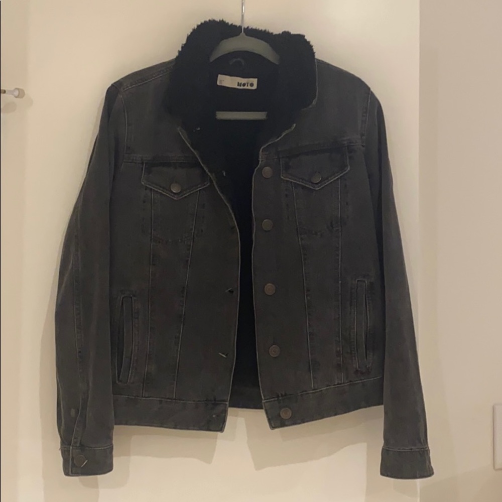 Black denim jacket with black fur